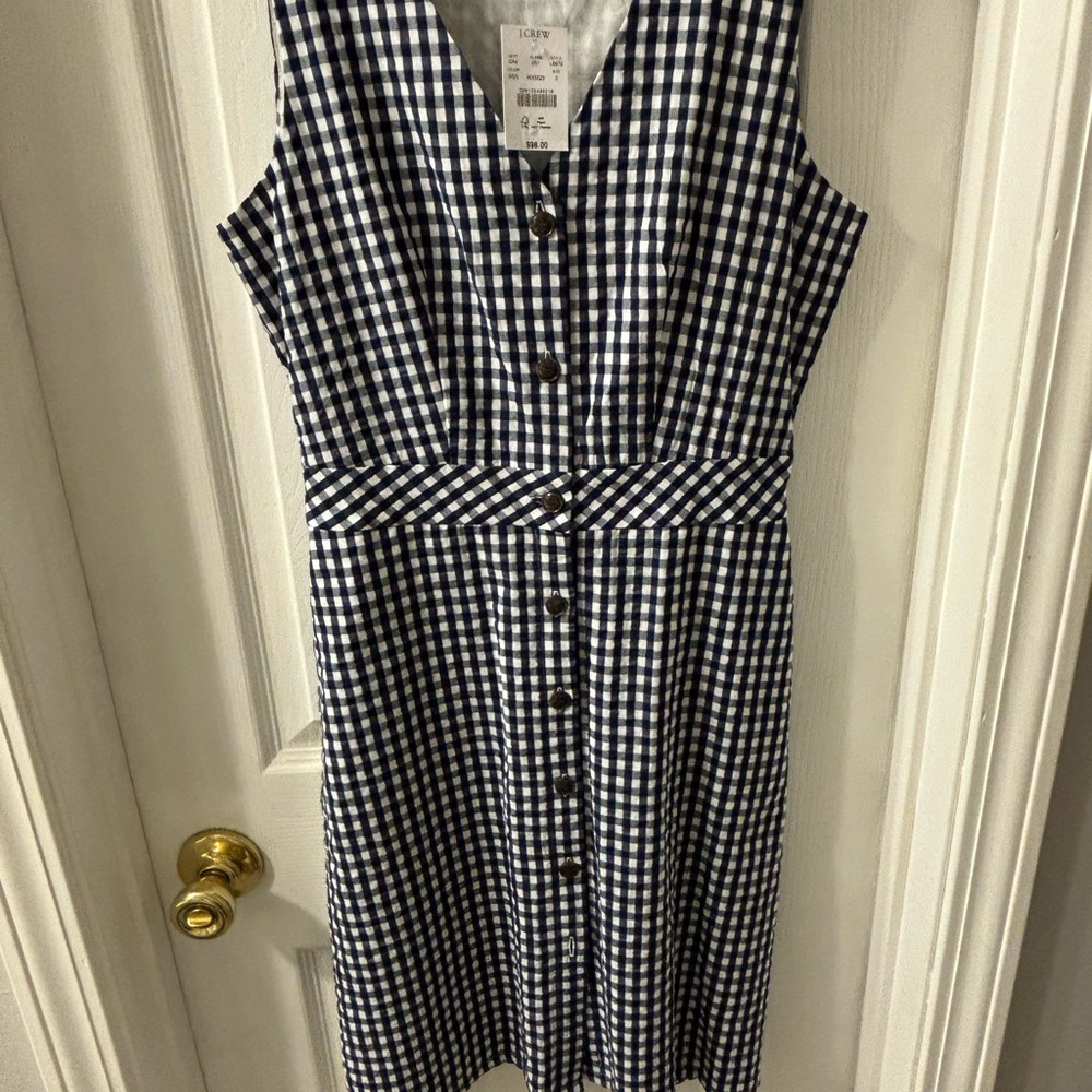 J.Crew Blue and White gingham seersucker sleeveless dress. Fully lined. Size 0.